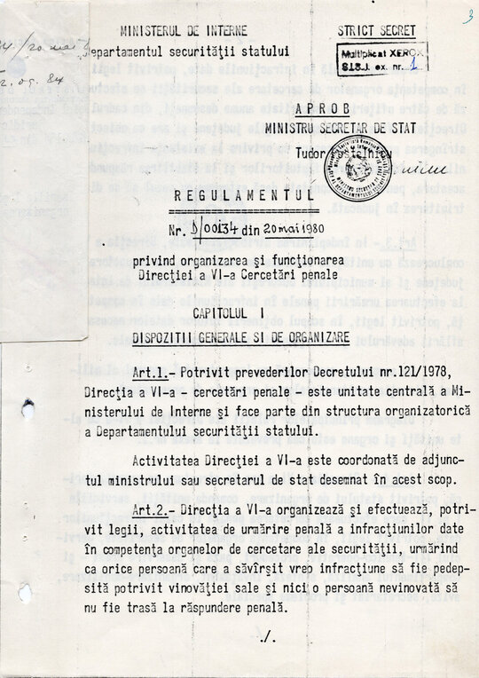 20 mai 1980. Regulamentul nr. D/00134 din 20 mai 1980 privind organizarea și funcționarea Direcției a VI-a Cercetări Penale