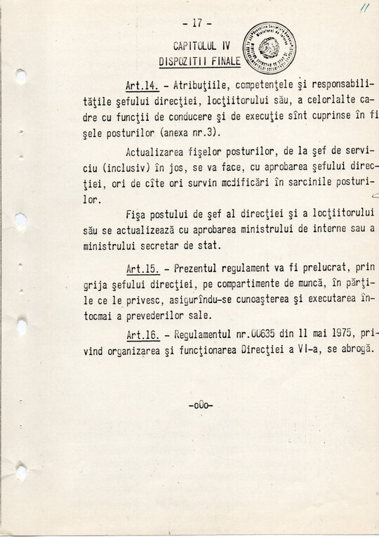 20 mai 1980. Regulamentul nr. D/00134 din 20 mai 1980 privind organizarea și funcționarea Direcției a VI-a Cercetări Penale