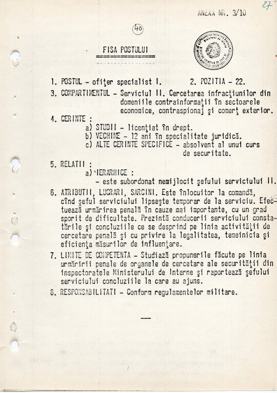 20 mai 1980. Regulamentul nr. D/00134 din 20 mai 1980 privind organizarea și funcționarea Direcției a VI-a Cercetări Penale