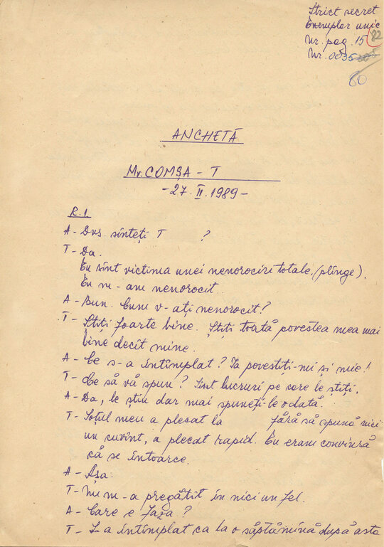 27 februarie 1989. Ancheta maiorului Comșa Gheorghe asupra lui „Consemn 11” în Camera 12 de anchetă, transcrisă după caseta audio la Compartimentul T.O. din Serviciul III al Direcției Cercetări Penale (ACNSAS, fond Documentar, dosar nr. 3447, vol. 44)