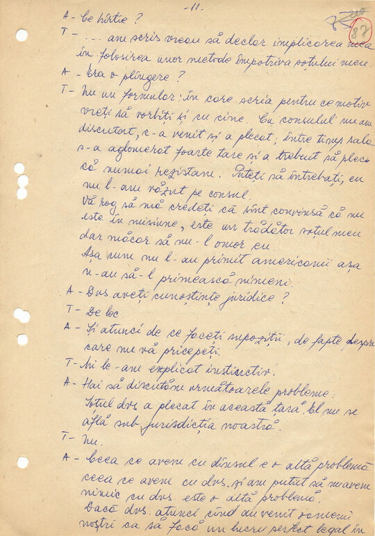 27 februarie 1989. Ancheta maiorului Comșa Gheorghe asupra lui „Consemn 11” în Camera 12 de anchetă, transcrisă după caseta audio la Compartimentul T.O. din Serviciul III al Direcției Cercetări Penale (ACNSAS, fond Documentar, dosar nr. 3447, vol. 44)