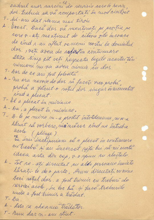27 februarie 1989. Ancheta maiorului Comșa Gheorghe asupra lui „Consemn 11” în Camera 12 de anchetă, transcrisă după caseta audio la Compartimentul T.O. din Serviciul III al Direcției Cercetări Penale (ACNSAS, fond Documentar, dosar nr. 3447, vol. 44)
