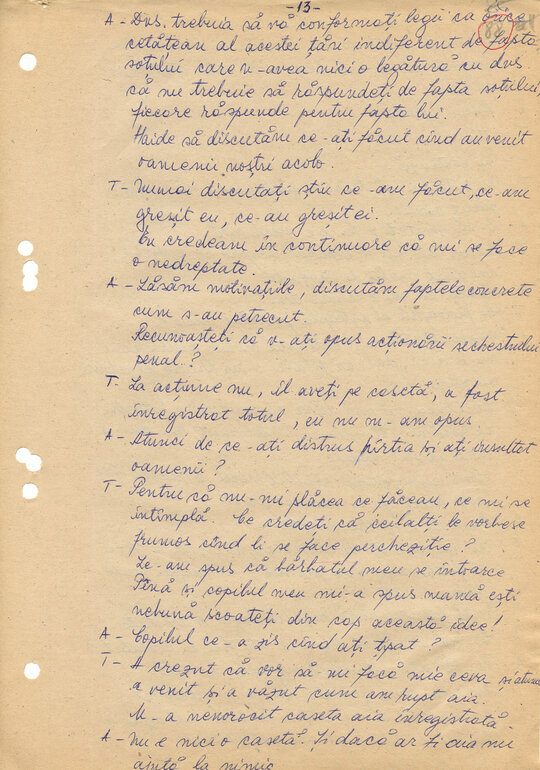 27 februarie 1989. Ancheta maiorului Comșa Gheorghe asupra lui „Consemn 11” în Camera 12 de anchetă, transcrisă după caseta audio la Compartimentul T.O. din Serviciul III al Direcției Cercetări Penale (ACNSAS, fond Documentar, dosar nr. 3447, vol. 44)