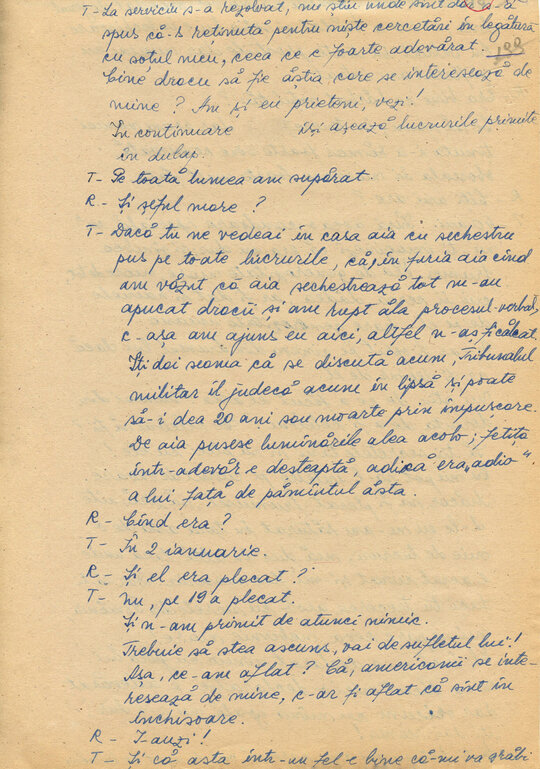 28 februarie și 1 martie 1989. Discuții între „Consemn 11” și informatoarea Rița Teodorescu în celula nr. 11 din Arest, transcrise după caseta audio la Compartimentul T.O. din Serviciul III al Direcției Cercetări Penale (ACNSAS, fond Documentar, dosar nr. 3447, vol. 44)