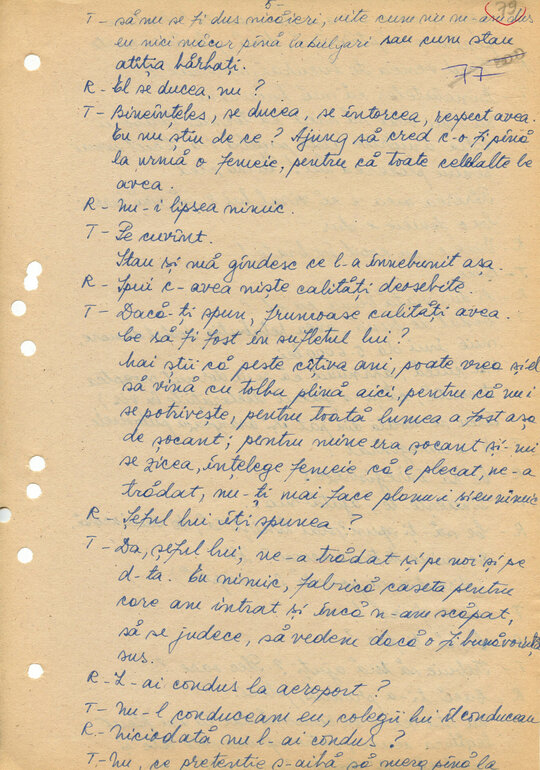 28 februarie și 1 martie 1989. Discuții între „Consemn 11” și informatoarea Rița Teodorescu în celula nr. 11 din Arest, transcrise după caseta audio la Compartimentul T.O. din Serviciul III al Direcției Cercetări Penale (ACNSAS, fond Documentar, dosar nr. 3447, vol. 44)