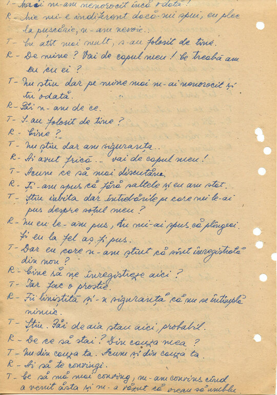 28 februarie și 1 martie 1989. Discuții între „Consemn 11” și informatoarea Rița Teodorescu în celula nr. 11 din Arest, transcrise după caseta audio la Compartimentul T.O. din Serviciul III al Direcției Cercetări Penale (ACNSAS, fond Documentar, dosar nr. 3447, vol. 44)