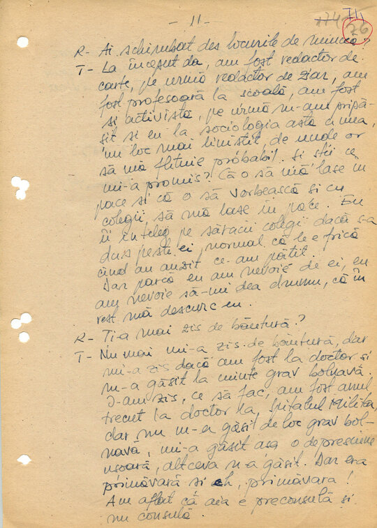 2 martie 1989. Discuții între „Consemn 11” și informatoarea Rița Teodorescu în celula nr. 11 din Arest, transcrise după caseta audio la Compartimentul T.O. din Serviciul III al Direcției Cercetări Penale (ACNSAS, fond Documentar, dosar nr. 3447, vol. 44)