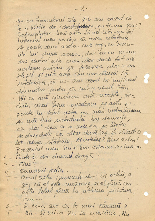 2 martie 1989. Discuții între „Consemn 11” și informatoarea Rița Teodorescu în celula nr. 11 din Arest, transcrise după caseta audio la Compartimentul T.O. din Serviciul III al Direcției Cercetări Penale (ACNSAS, fond Documentar, dosar nr. 3447, vol. 44)