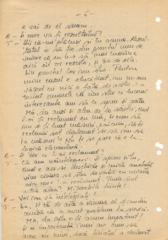 2 martie 1989. Discuții între „Consemn 11” și informatoarea Rița Teodorescu în celula nr. 11 din Arest, transcrise după caseta audio la Compartimentul T.O. din Serviciul III al Direcției Cercetări Penale (ACNSAS, fond Documentar, dosar nr. 3447, vol. 44)