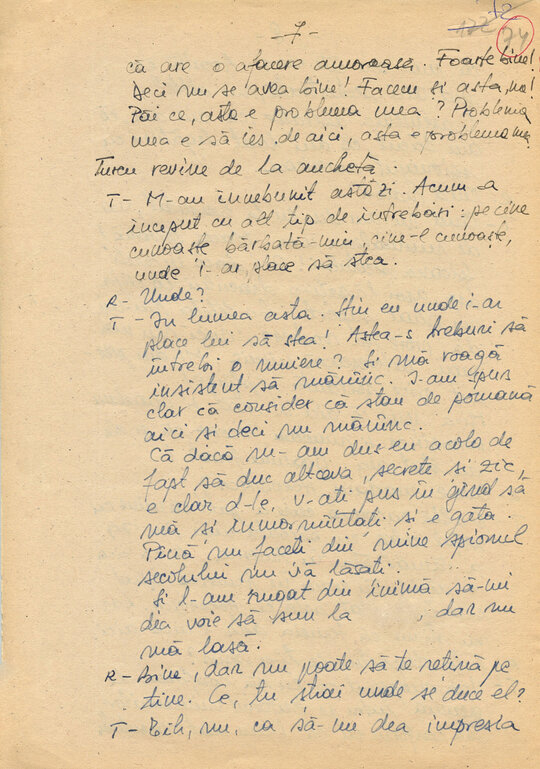 2 martie 1989. Discuții între „Consemn 11” și informatoarea Rița Teodorescu în celula nr. 11 din Arest, transcrise după caseta audio la Compartimentul T.O. din Serviciul III al Direcției Cercetări Penale (ACNSAS, fond Documentar, dosar nr. 3447, vol. 44)