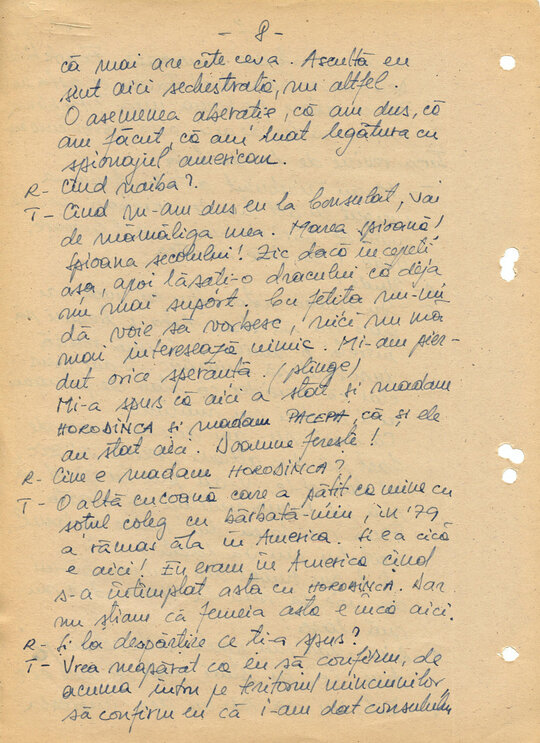 2 martie 1989. Discuții între „Consemn 11” și informatoarea Rița Teodorescu în celula nr. 11 din Arest, transcrise după caseta audio la Compartimentul T.O. din Serviciul III al Direcției Cercetări Penale (ACNSAS, fond Documentar, dosar nr. 3447, vol. 44)