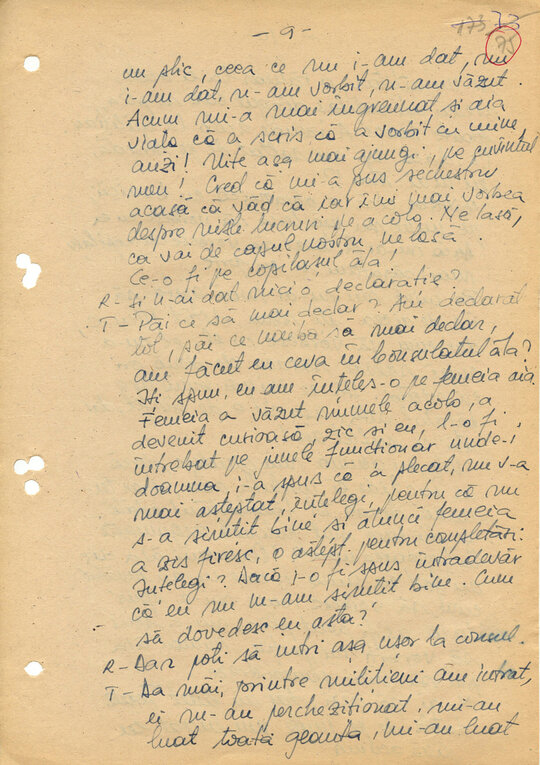 2 martie 1989. Discuții între „Consemn 11” și informatoarea Rița Teodorescu în celula nr. 11 din Arest, transcrise după caseta audio la Compartimentul T.O. din Serviciul III al Direcției Cercetări Penale (ACNSAS, fond Documentar, dosar nr. 3447, vol. 44)