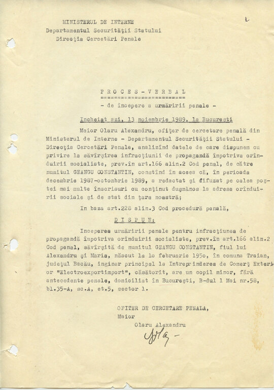 13 noiembrie 1989. Proces-verbal de începerea urmăririi penale pe numele lui Constantin Geangu