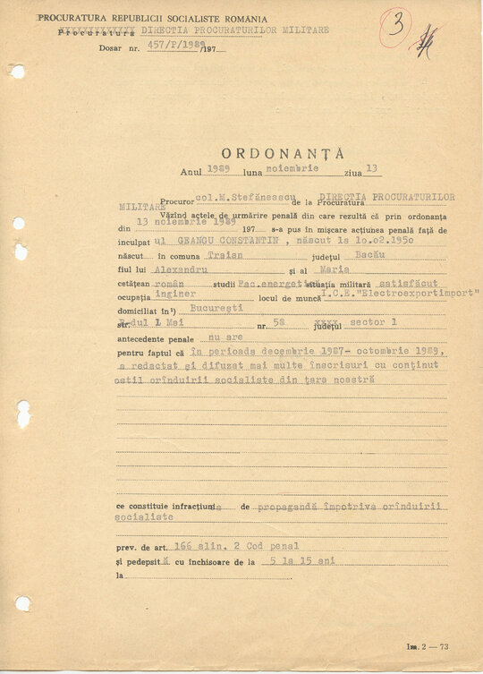 13 noiembrie 1989. Ordonanța de arestare preventivă a lui Constantin Geangu