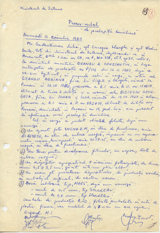 12 noiembrie 1989. Proces-verbal de percheziție la domiciliul lui Constantin Geangu