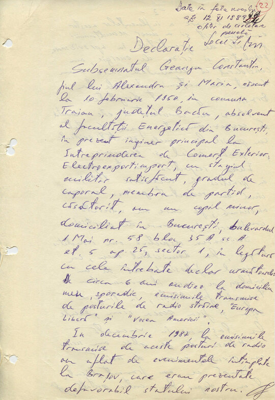 12/13 noiembrie 1989. Prima declarație scrisă în anchetă de către Constantin Geangu