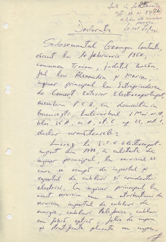 12/13 noiembrie 1989. A doua declarație scrisă în anchetă de către Constantin Geangu