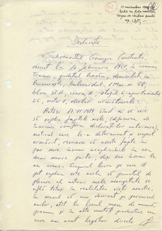 13 noiembrie 1989. Sinteza declarațiilor lui Constantin Geangu, scrisă de mr. Olaru Alexandru