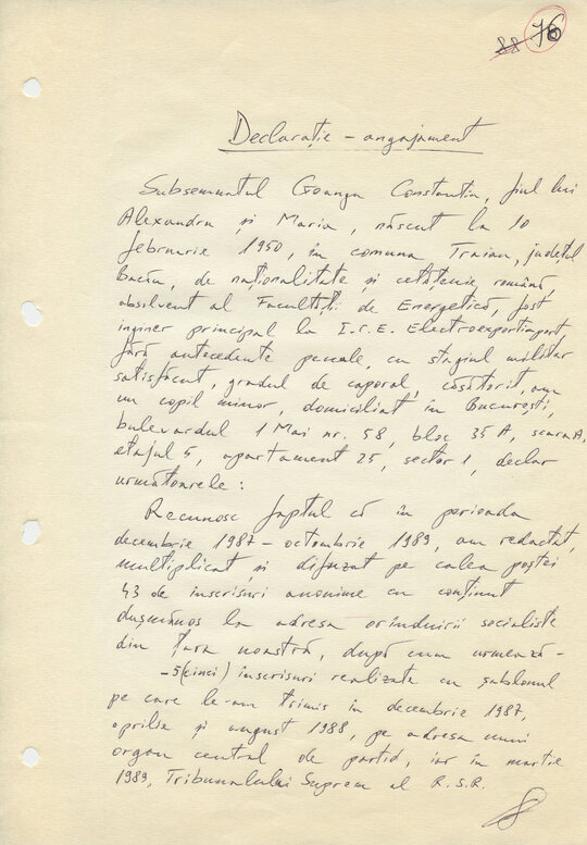 21 decembrie 1989. Declarație-angajament scrisă de Constantin Geangu, la dictare, în schimbul eliberării din Arestul Securității