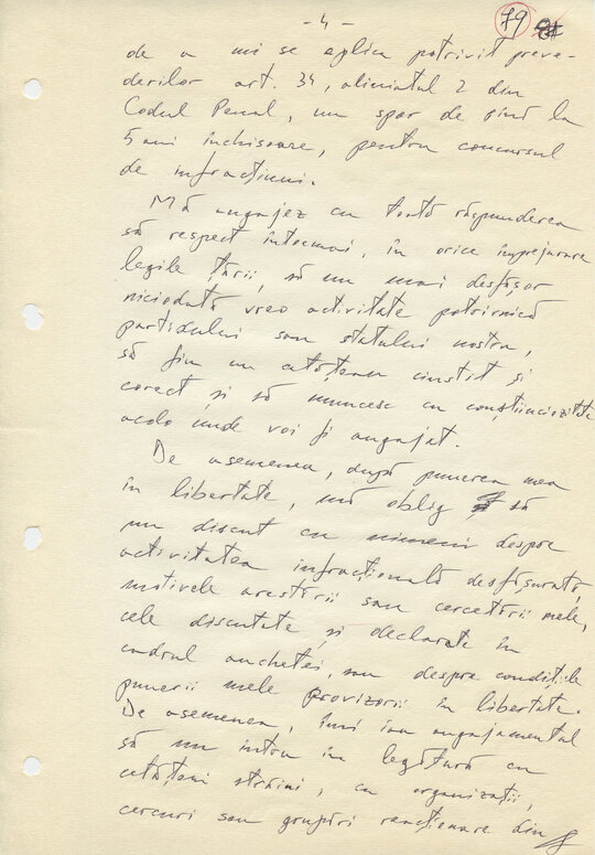 21 decembrie 1989. Declarație-angajament scrisă de Constantin Geangu, la dictare, în schimbul eliberării din Arestul Securității