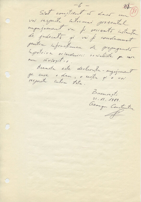 21 decembrie 1989. Declarație-angajament scrisă de Constantin Geangu, la dictare, în schimbul eliberării din Arestul Securității