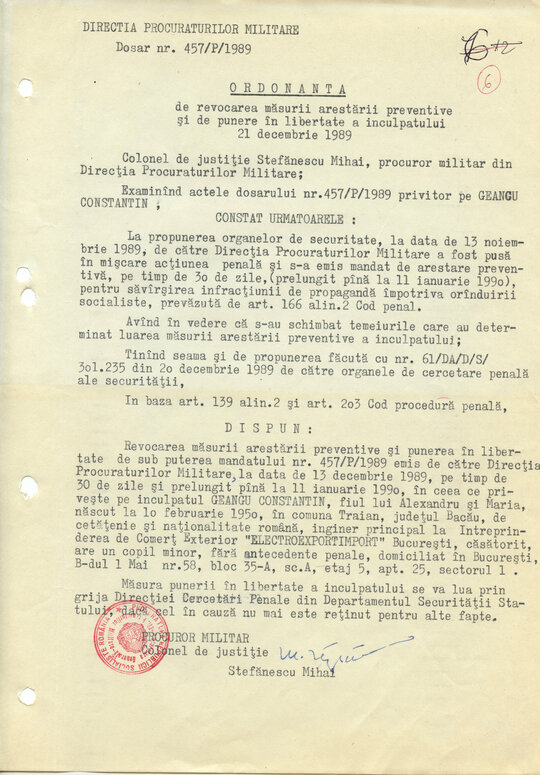 21 decembrie 1989. Ordonanța de revocarea măsurii arestării preventive și de punere în libertate a inculpatului Constantin Geangu
