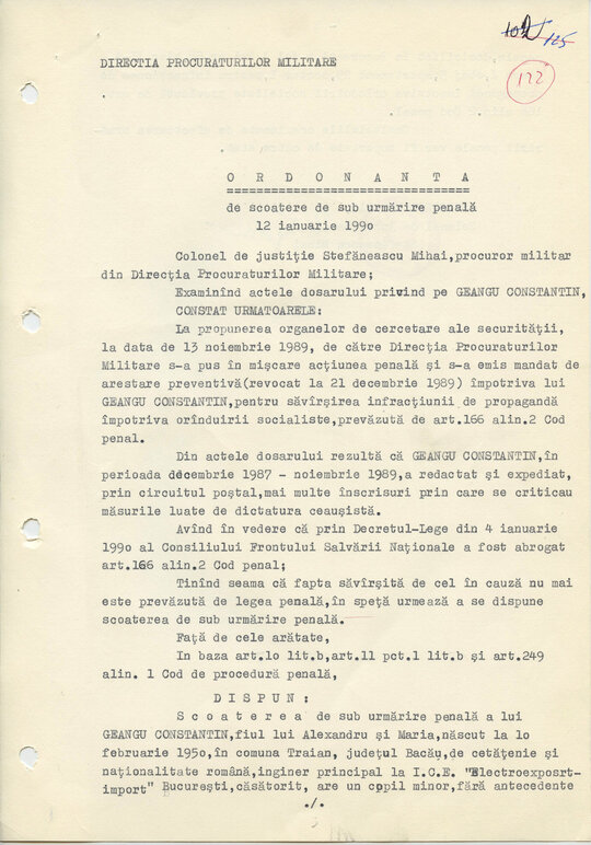 12 ianuarie 1990. Ordonanța de scoatere de sub urmărire penală pentru Constantin Geangu