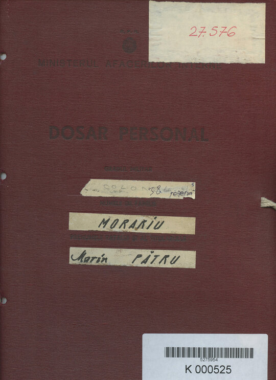 Coperta dosarului de cadre Morariu Pătru