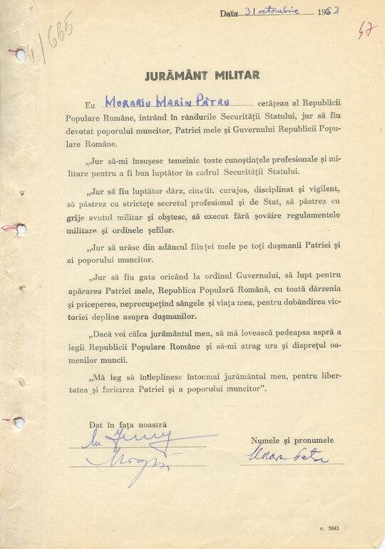 31 octombrie 1963. Jurământul militar semnat de Morariu Pătru la intrarea în Securitate