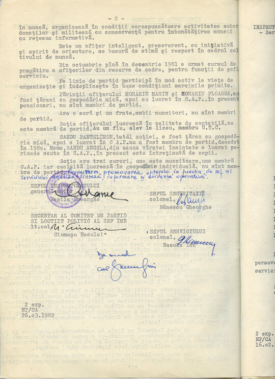 26 martie 1982. Referat de cadre pentru lt-col. Morariu Pătru, propus pentru promovare. Documentul a fost aprobat de șeful Direcției Cadre din Securitate, gl-lt. Vlad Iulian