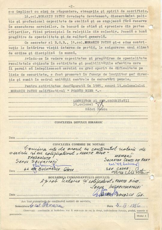 1986. „Notarea de serviciu” pentru activitatea lt-col. Morariu Pătru în perioada ianuarie-decembrie 1985