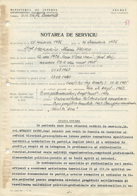 29 ianuarie 1987. „Notarea de serviciu” pentru activitatea lt-col. Morariu Pătru în perioada 1 ianuarie-31 decembrie 1986