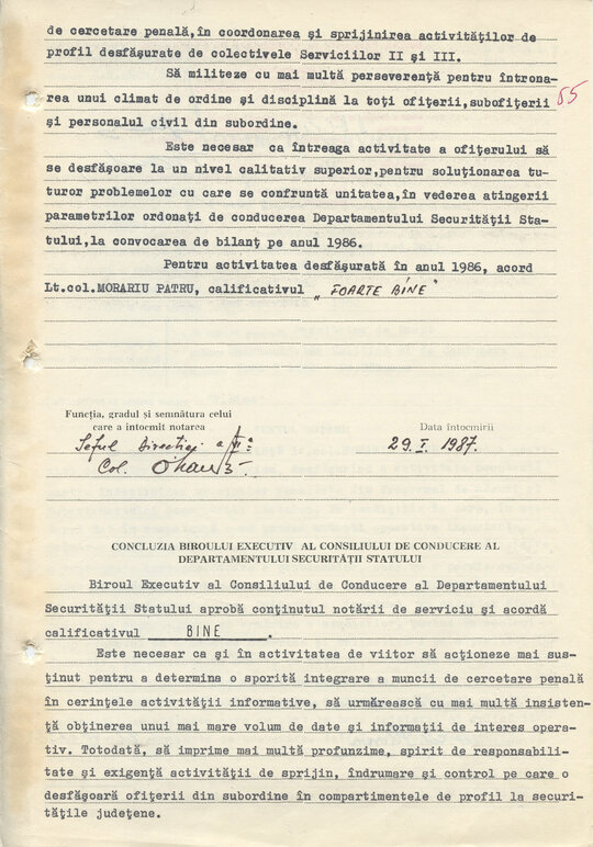 29 ianuarie 1987. „Notarea de serviciu” pentru activitatea lt-col. Morariu Pătru în perioada 1 ianuarie-31 decembrie 1986