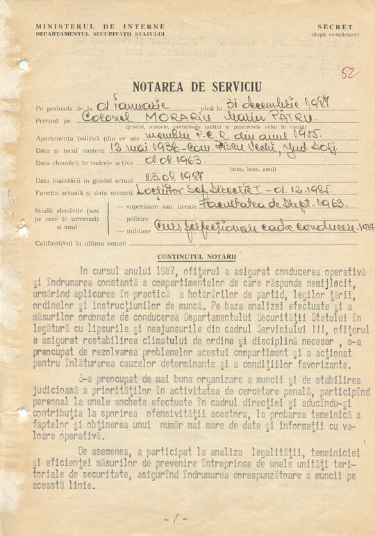 12 ianuarie 1988. „Notarea de serviciu” pentru activitatea col. Morariu Pătru în perioada 1 ianuarie-31 decembrie 1987
