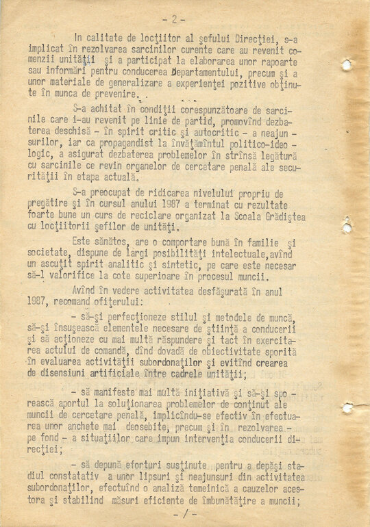 12 ianuarie 1988. „Notarea de serviciu” pentru activitatea col. Morariu Pătru în perioada 1 ianuarie-31 decembrie 1987