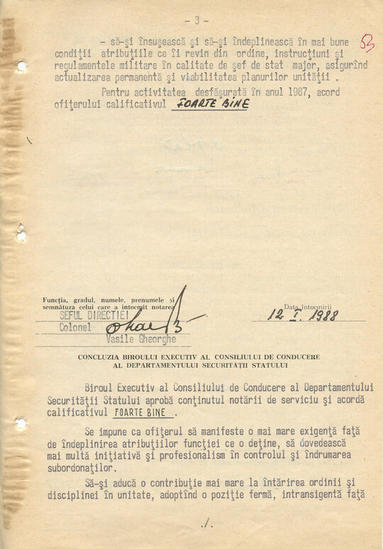 12 ianuarie 1988. „Notarea de serviciu” pentru activitatea col. Morariu Pătru în perioada 1 ianuarie-31 decembrie 1987