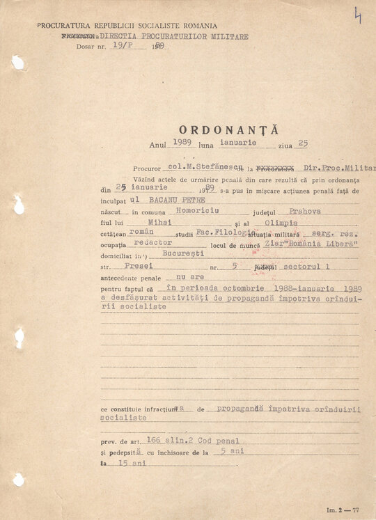 Ordonanța de arestare preventivă a lui Petre Mihai Băcanu 25.01.1989