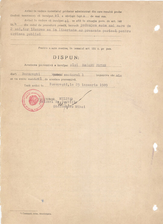 Ordonanța de arestare preventivă a lui Petre Mihai Băcanu 25.01.1989