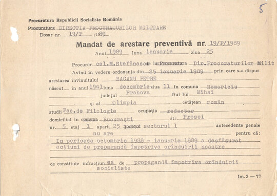 Mandatul de arestare preventivă împotriva lui Petre Mihai Băcanu 25.01.1989