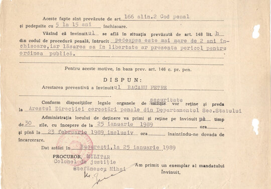 Mandatul de arestare preventivă împotriva lui Petre Mihai Băcanu 25.01.1989