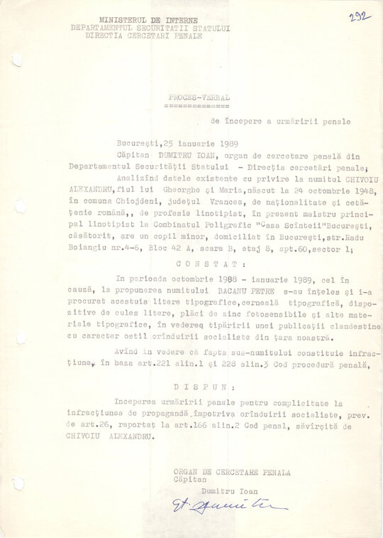 Proces verbal de începere a urmăririi penale Petre Mihai Băcanu 25.01.1989