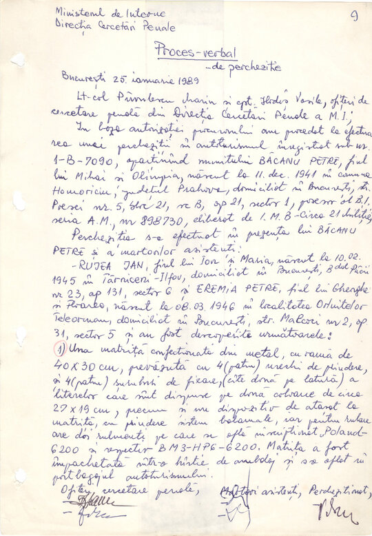 Proces verbal de percheziție a mașinii și domiciliului lui Petre Mihai Băcanu 25.01.1989