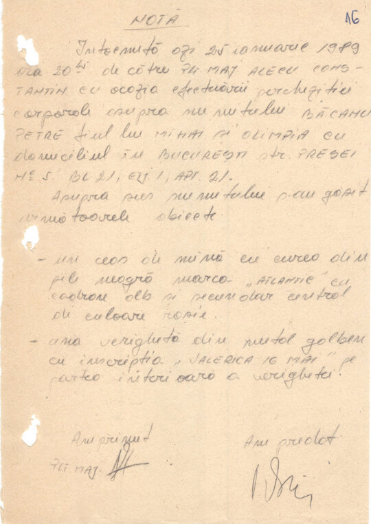 Notă întocmită cu ocazia percheziției corporale a lui Petre Mihai Băcanu_un ceas și o verghetă inscripționată „Valerica 16 mai”