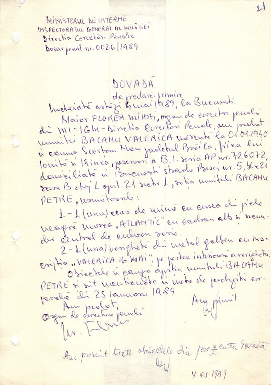 Dovada restituirii bunurilor confiscate la percheziția corporală 4.05.1989