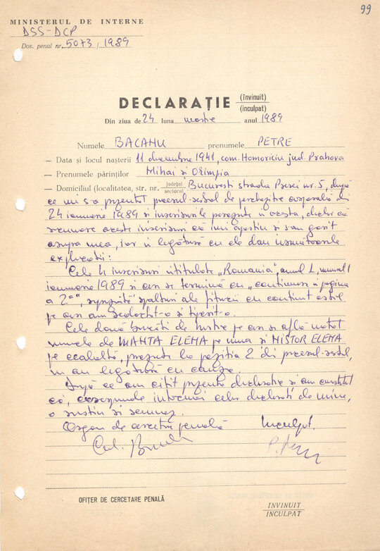 Declarație Petre Mihai Băcanu referitoare la ziarul clandestin găsit la percheziție 24.03.1989