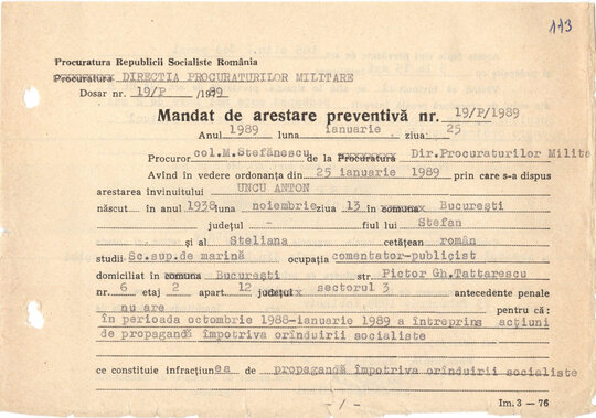 Mandatul de arestare preventivă emis pe numele lui Anton Uncu 25.01.1989