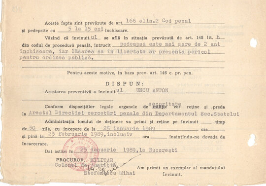 Mandatul de arestare preventivă emis pe numele lui Anton Uncu 25.01.1989