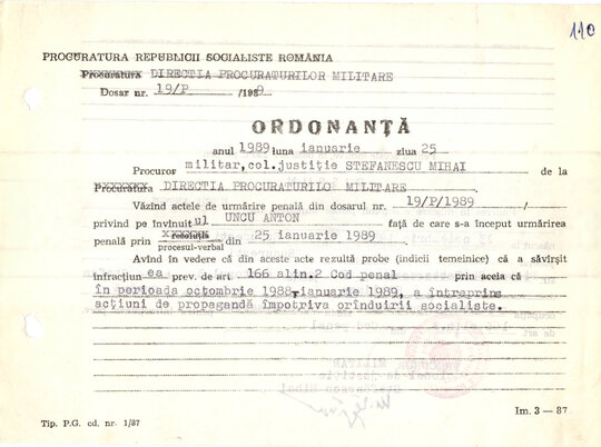 Ordonanță de punere în mișcare a acțiunii penale împotriva lui Anton Uncu 25.01.1989