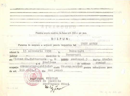 Ordonanță de punere în mișcare a acțiunii penale împotriva lui Anton Uncu 25.01.1989