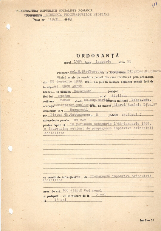 Ordonanță de arestare preventivă emisă pe numele lui Anton Uncu 25.01.1989